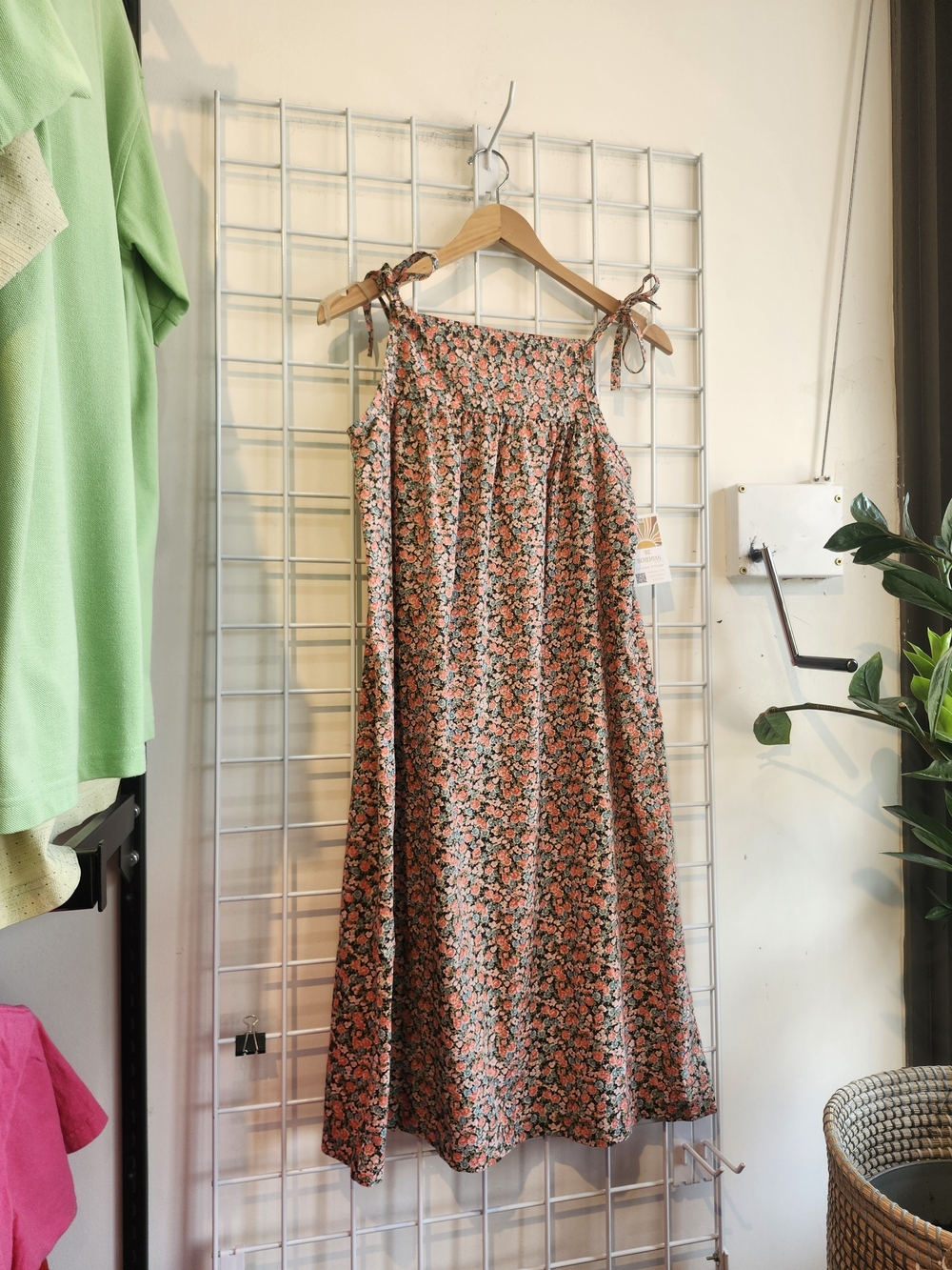 90s Vintage Floral Tie-Shoulder Midi Dress Pink & Black Whimsigoth Cotton